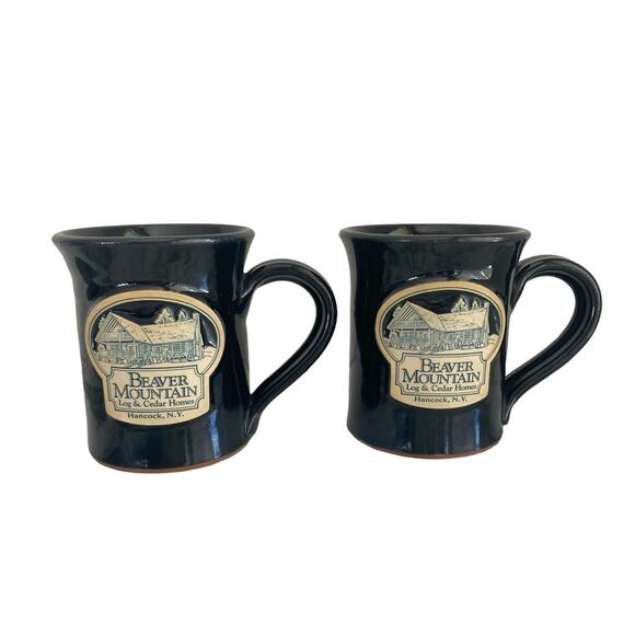 Deneen Pottery Handthrown Black Mugs Beaver Mountain Hancock NY Set of 2 - Picture 1 of 8